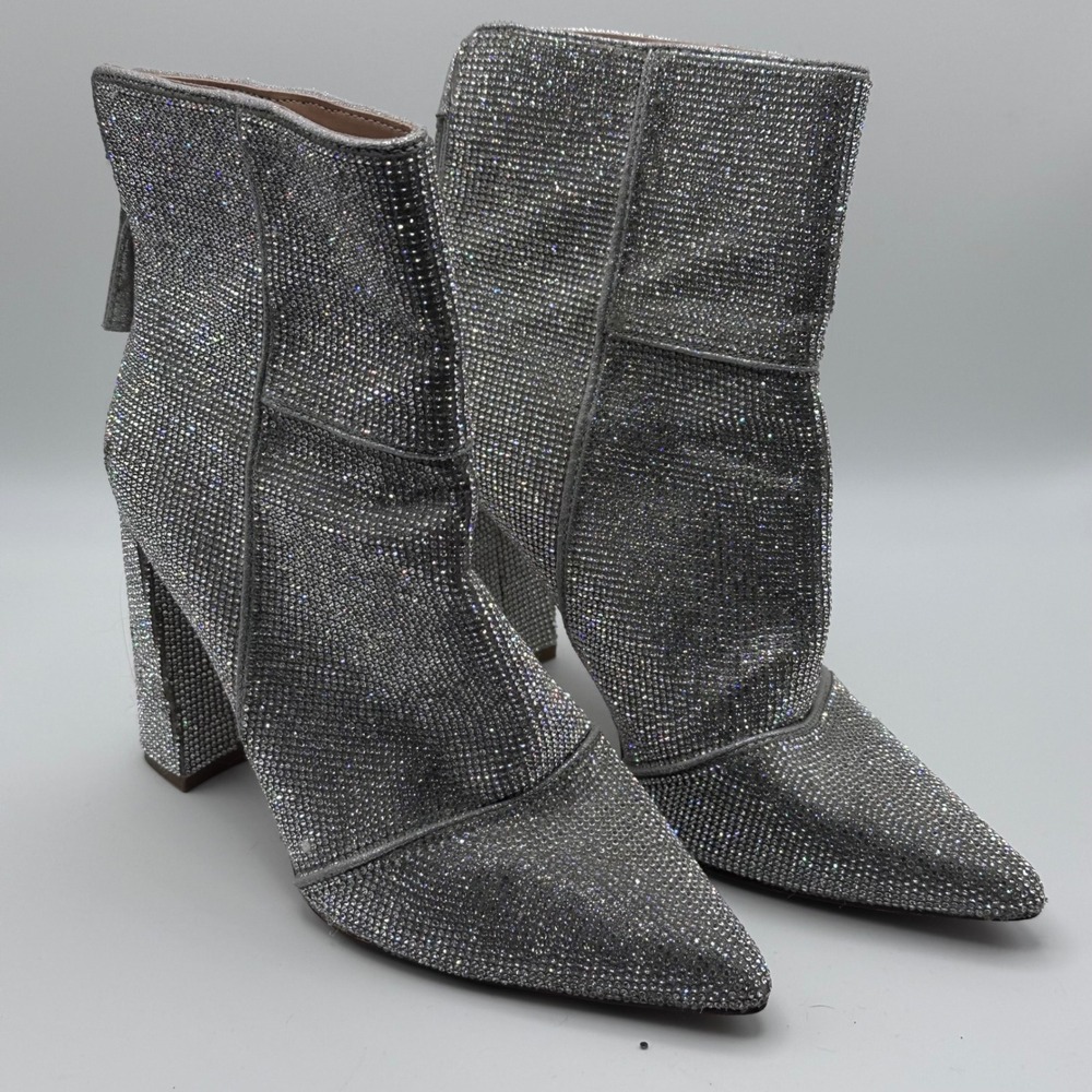 Steve Madden Viivian-R Rhinestone Ankle Boots Silver Pointed Toe Block Heel 7.5M